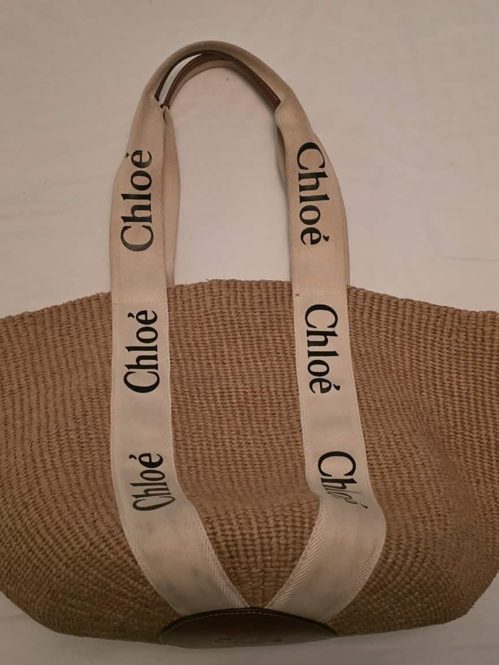 Chloé Tan Straw Tote with Cream Branded Webbing Straps